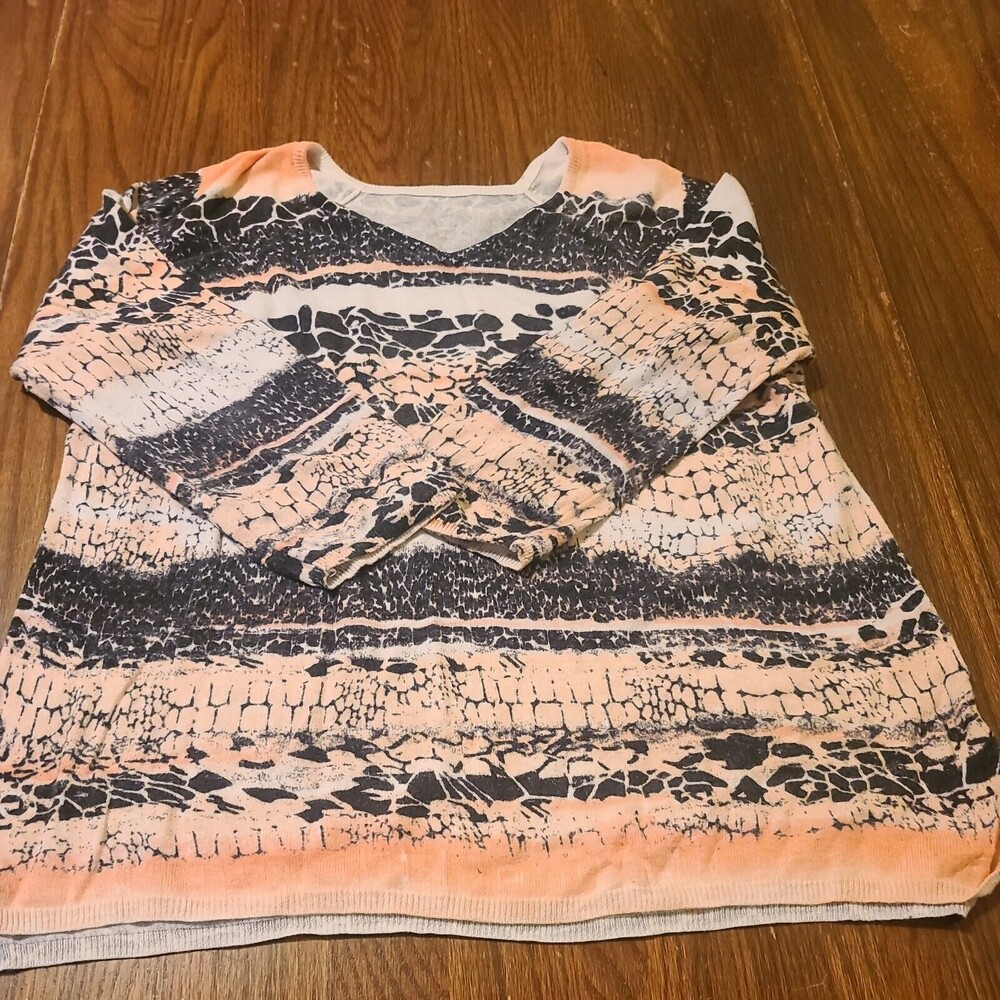 Dana Buchman Womens XL Pullover Sweater Thin Knit V-Neck Black Pink Ivory